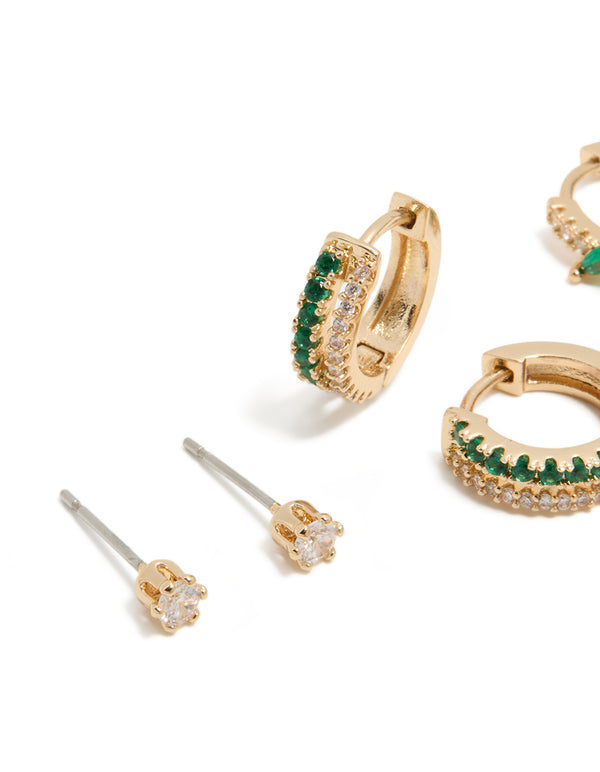 Gold Dark Green Cubic Zirconia Hoop & Stud Earrings 3-Pack
