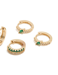 Gold Dark Green Cubic Zirconia Hoop & Stud Earrings 3-Pack - link has visual effect only