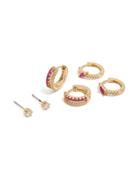 Gold Hot Pink Cubic Zirconia Hoop & Stud Earrings 3-Pack - link has visual effect only