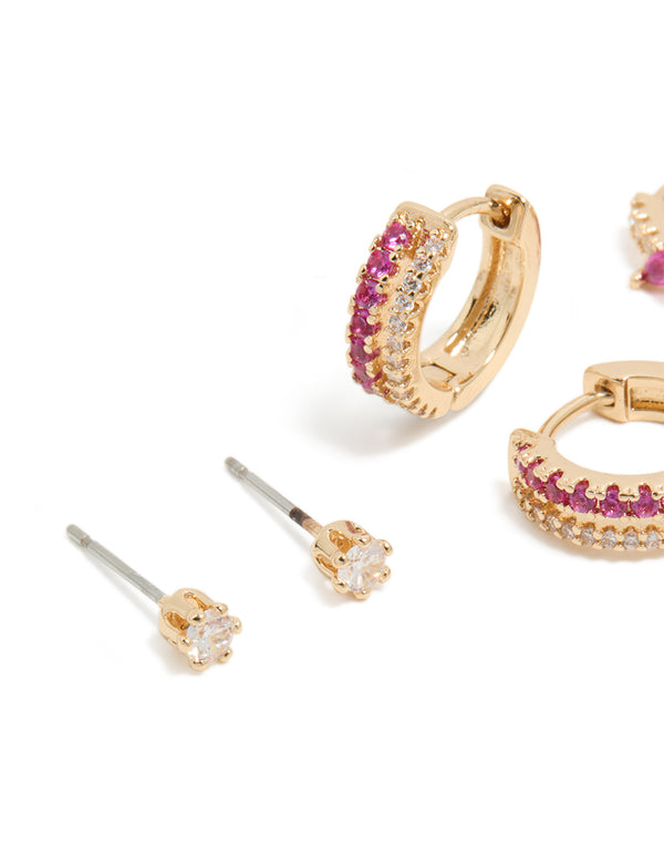 Gold Hot Pink Cubic Zirconia Hoop & Stud Earrings 3-Pack