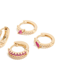 Gold Hot Pink Cubic Zirconia Hoop & Stud Earrings 3-Pack - link has visual effect only