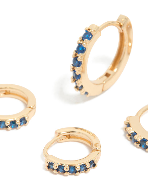 Gold Clear & Sapphire  Cubic Zirconia Huggie Earrings 3-Pack