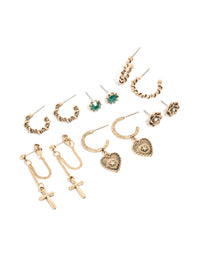 Antique Gold Chain Cross & Heart Earrings 6-Pack - link has visual effect only