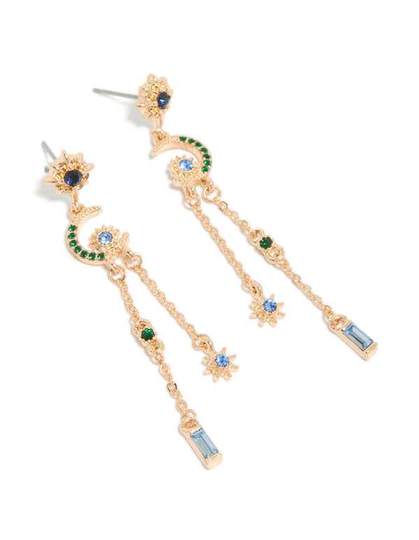 Featuring gold diamante star and moon chain drop earrings with celestial charm design in blue and green tones front view