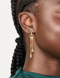Showcasing gold diamante star and moon chain drop earrings featuring celestial charm design with blue and green accents on ear view - link has visual effect only
