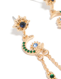Designed with gold diamante star and moon chain drop earrings featuring celestial charm accents in blue, green, and navy close up view - link has visual effect only