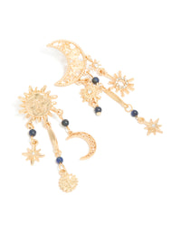 Showcasing statement drop earrings with beads, celestial charm accents featuring sun and moon motifs in gold front view - link has visual effect only