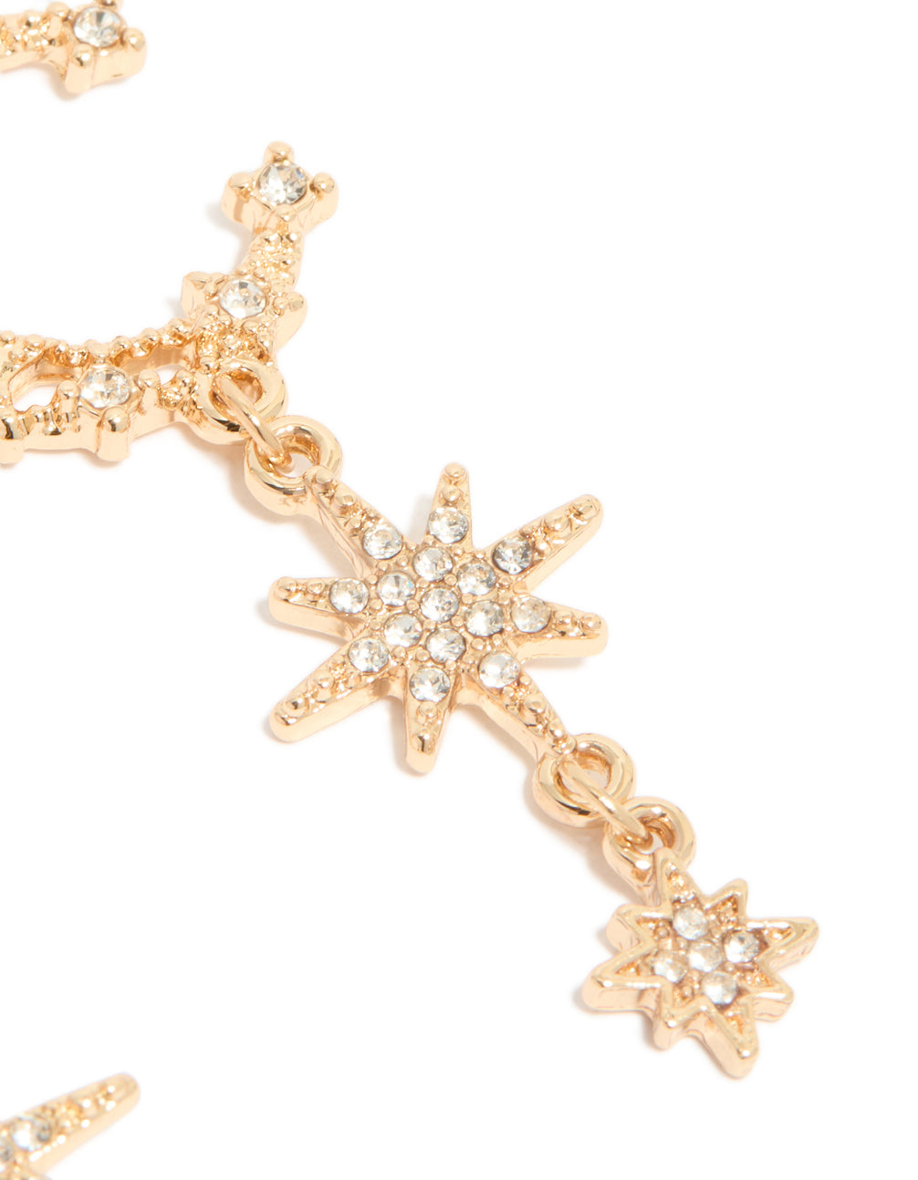 Highlighting gold diamante featuring moon and star celestial drop earrings statement design post detail view