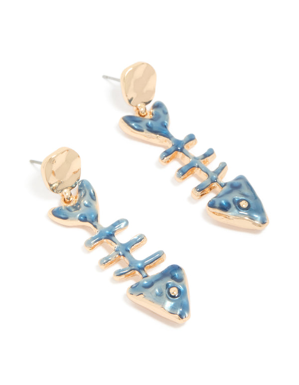 Crafted with gold blue fish skeleton drop earrings featuring ocean theme details in steel front view