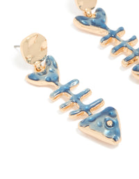 Designed with gold blue fish skeleton drop earrings featuring ocean theme details in steel close up view - link has visual effect only