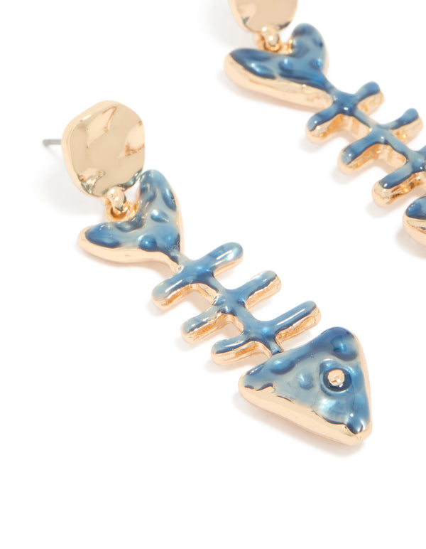 Designed with gold blue fish skeleton drop earrings featuring ocean theme details in steel close up view