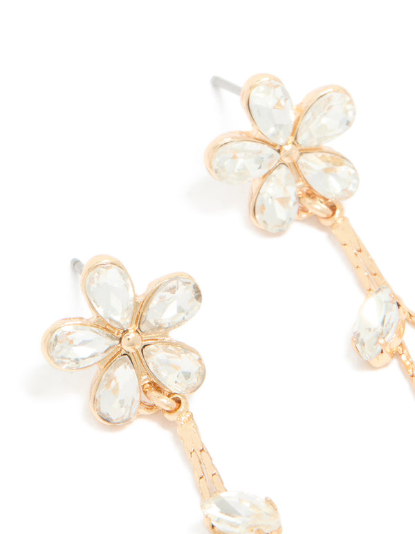 Stunning gold diamante flower chain drop earrings close up view