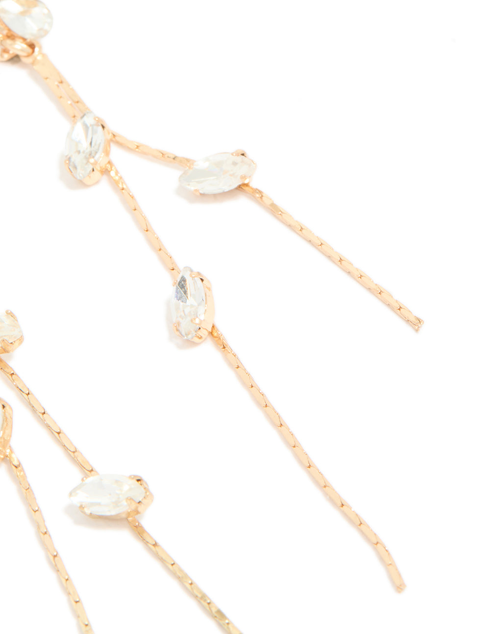 Beautifully detailed gold diamante chain drop earrings featuring floral design in clear stone post detail view