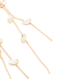 Beautifully detailed gold diamante chain drop earrings featuring floral design in clear stone post detail view - link has visual effect only