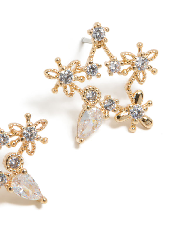 Gold Cubic Zirconia Celestial Star Stud Earrings