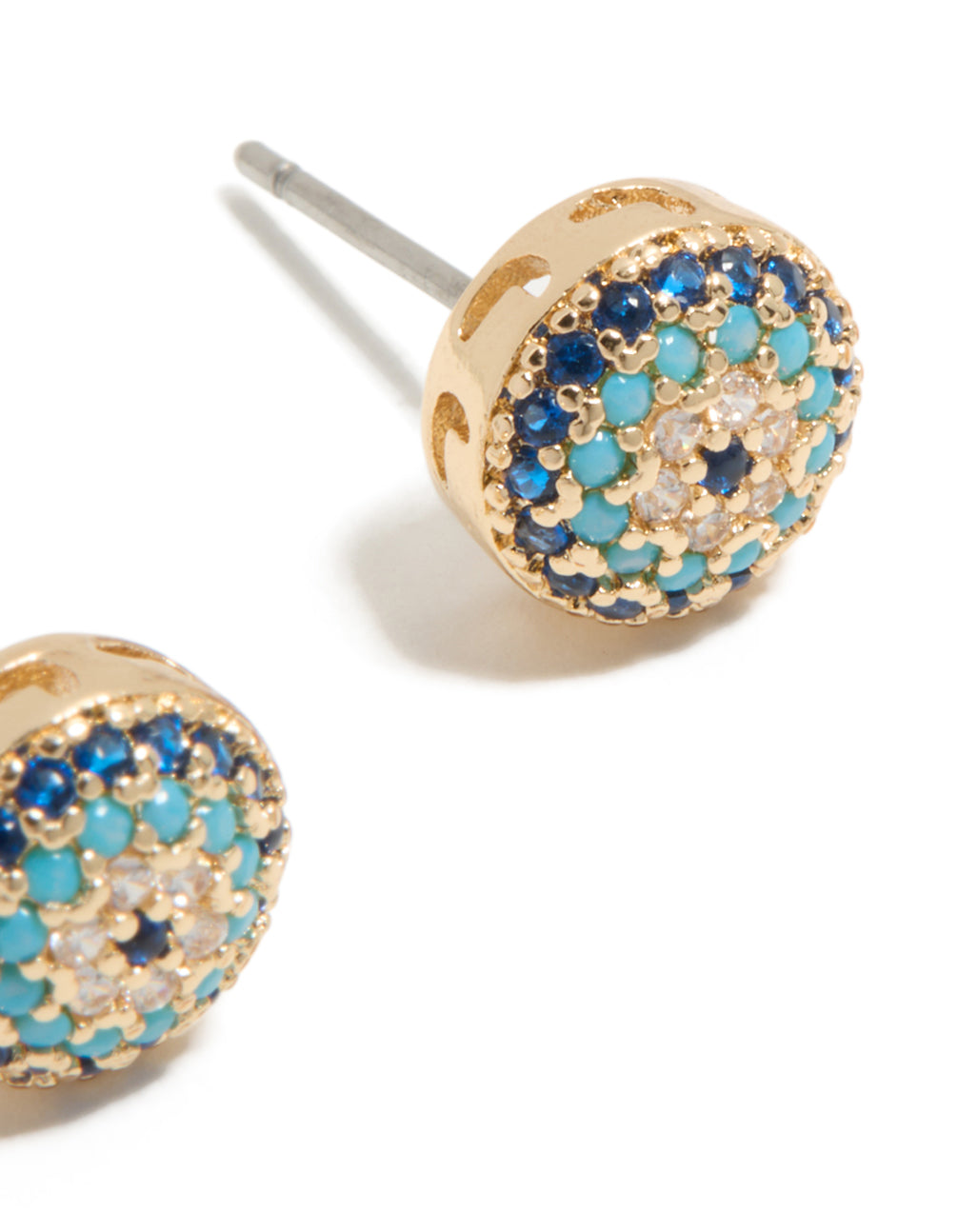 Presenting dainty evil eye stud earrings designed with cubic zirconia in gold featuring royal blue turquoise stones post detail view