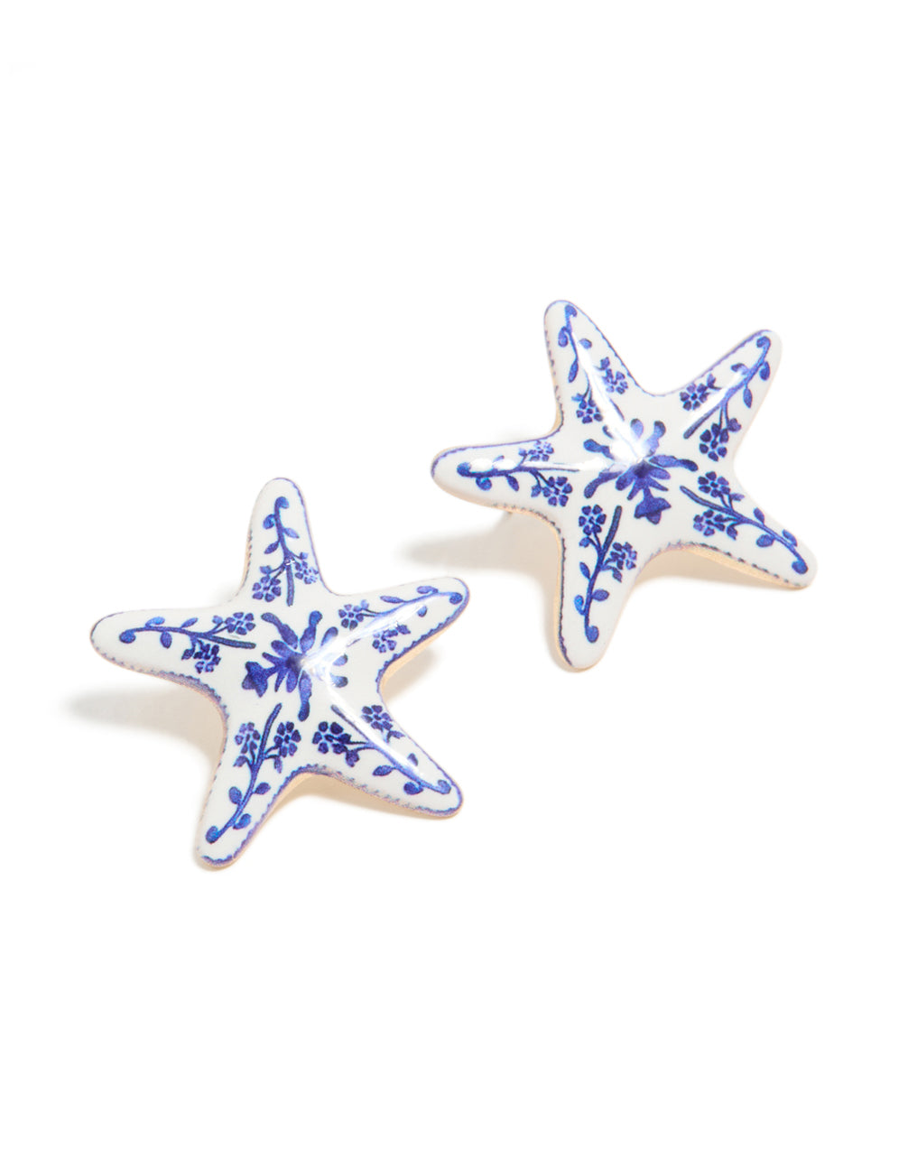 Discover these painted starfish stud earrings featuring floral and ocean motifs in white and blue front view