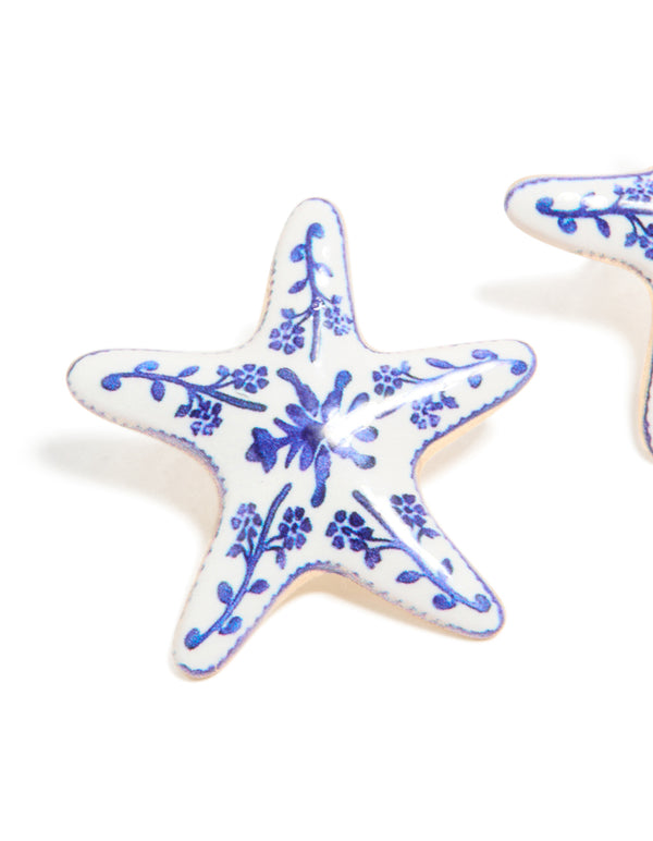 Gold White & Dark Blue Painted  Floral Starfish Stud Earrings