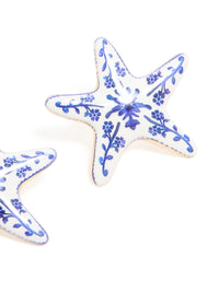 Gold White & Dark Blue Painted  Floral Starfish Stud Earrings - link has visual effect only