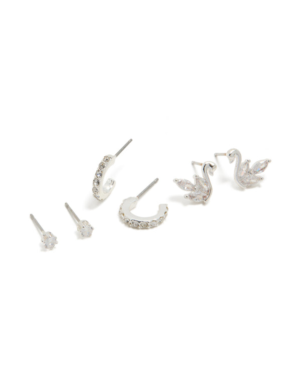 Silver Swan Stud & Classic Stud Earrings 3-Pack