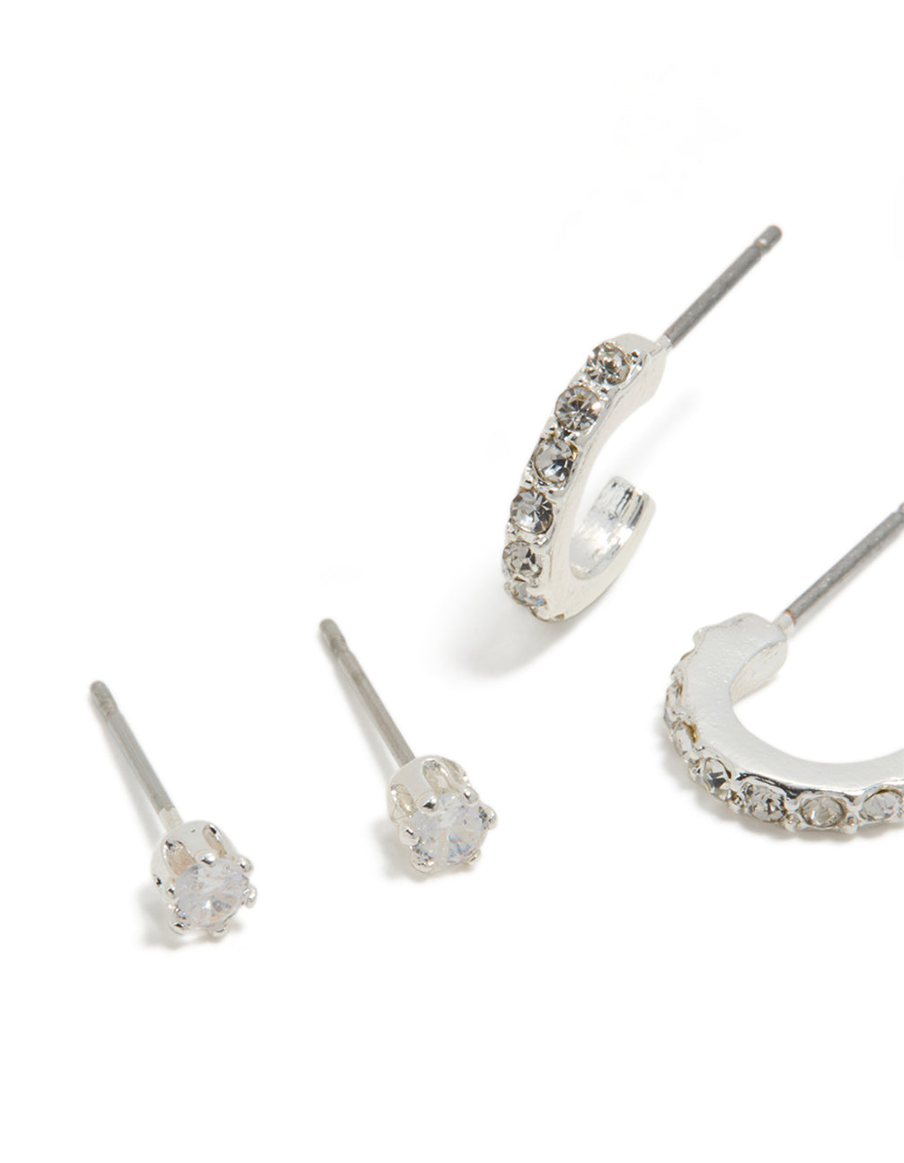 Explore the Silver Swan Stud and Classic Stud Earrings in a3-Pack with bird and animal motifs crafted from cubic zirconia and crystal in a close up view