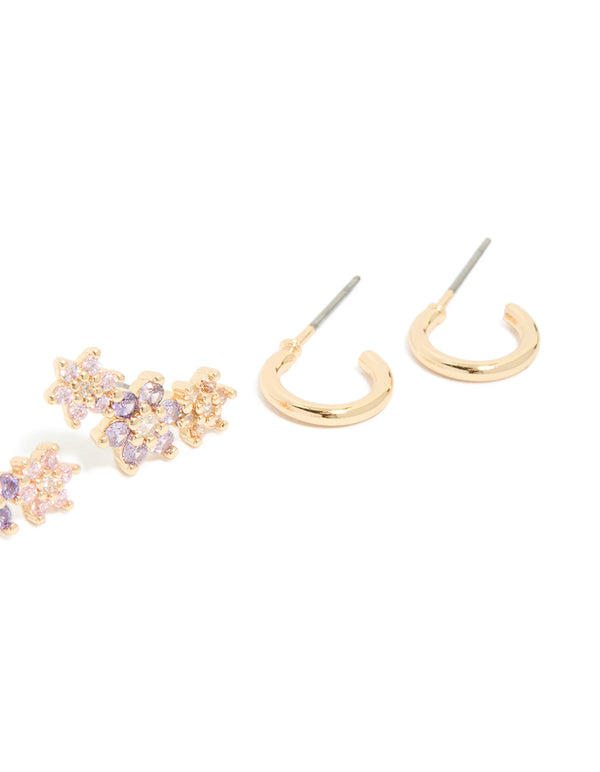 Gold Cubic Zirconia Flower Stud & Hoop Earrings 3-Pack