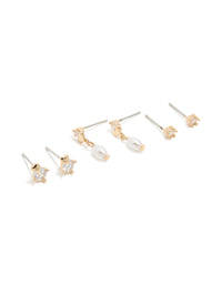 Gold Cubic Zirconia & Pearl Stud Earrings 3-Pack - link has visual effect only