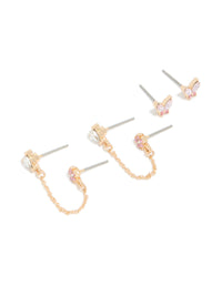 Crafted from cubic zirconia, this gold diamante butterfly and chain earring pack features heart and floral details in a dainty statement design with pink, lavender, front view - link has visual effect only