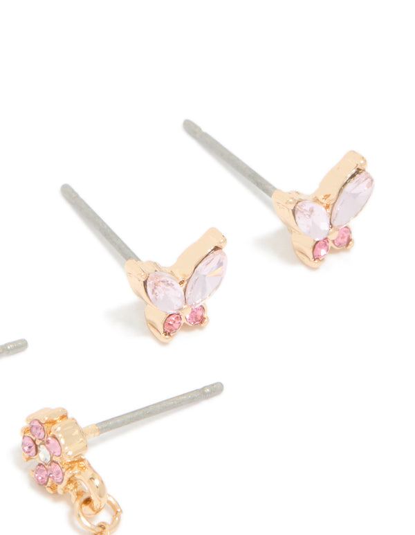 Highlighting dainty statement style, this gold butterfly and chain earring pack features heart and floral cubic zirconia detailing in pink, lavender, and clear, post detail view