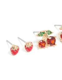 Gold Strawberry & Cherries Earrings 3-Pack - link has visual effect only