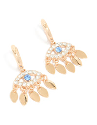 Featuring statement evil eye charm huggie earrings in gold front view - link has visual effect only