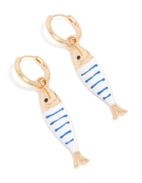 Designed with an ocean theme, these statement fish huggie earrings feature a striped pattern, front view - link has visual effect only