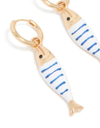 Crafted as statement fish huggie earrings with a striped pattern and ocean theme, close up view - link has visual effect only