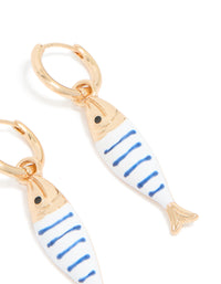 Crafted as fish huggie earrings with a striped pattern and ocean theme, post detail view - link has visual effect only