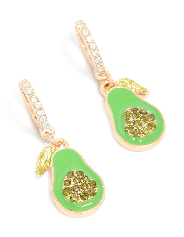 Presenting gold diamante avocado huggie earrings featuring a fruit design in lime green enamel front view