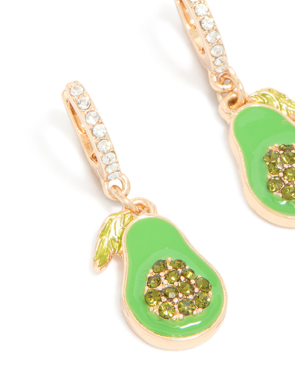 Featuring gold diamante avocado huggie earrings featuring a fruit design in lime green enamel close up view