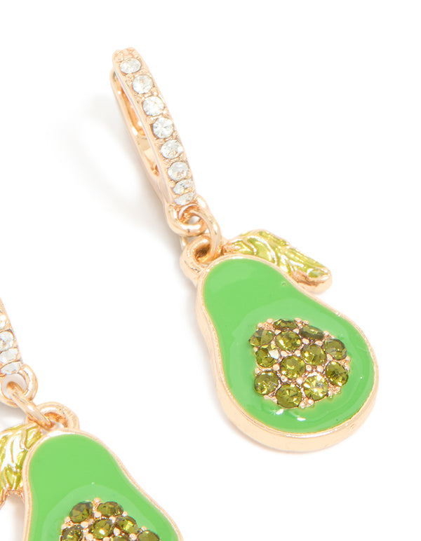 Highlighting gold diamante avocado huggie earrings featuring a fruit design in lime green enamel, post detail view