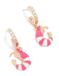 Featuring gold diamante shrimp open huggie earrings in hot pink and white ocean-inspired design front view - link has visual effect only