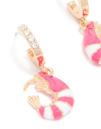Designed with gold diamante shrimp open huggie earrings featuring hot pink and white ocean-inspired design close up view - link has visual effect only