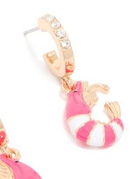 Highlighting gold diamante shrimp open huggie earrings featuring hot pink and white ocean-inspired design post detail view - link has visual effect only