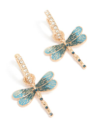Designed with gold diamante dragonfly huggie earrings in teal, front view - link has visual effect only