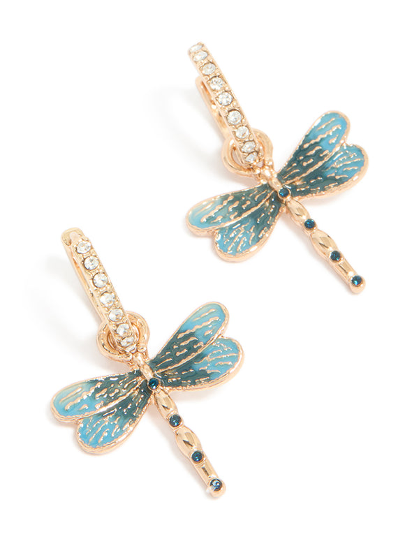Designed with gold diamante dragonfly huggie earrings in teal, front view