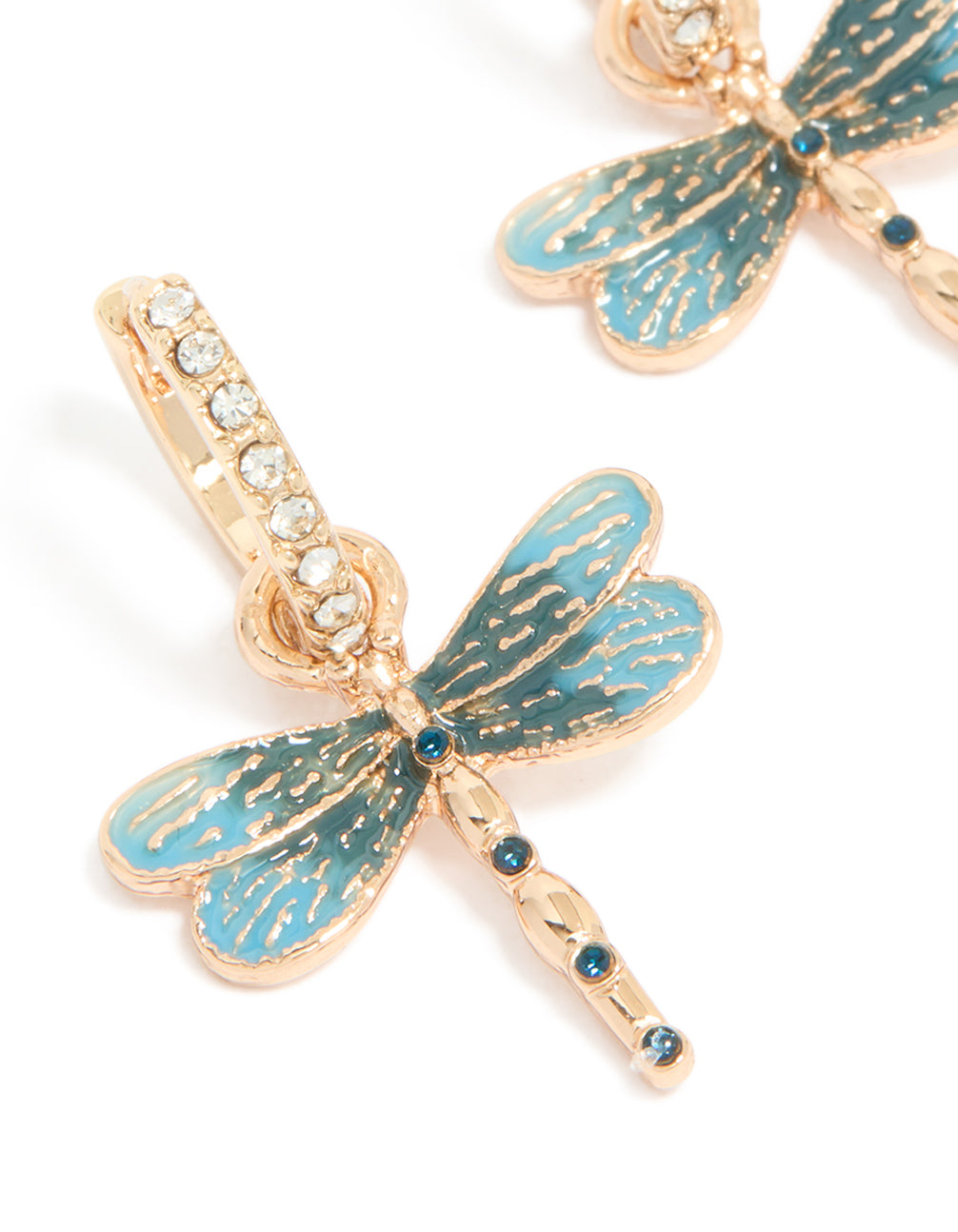 Crafted with gold diamante dragonfly huggie earrings in teal close up view