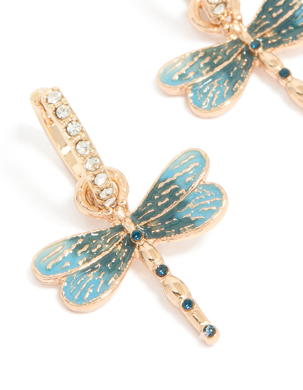 Crafted with gold diamante dragonfly huggie earrings in teal close up view