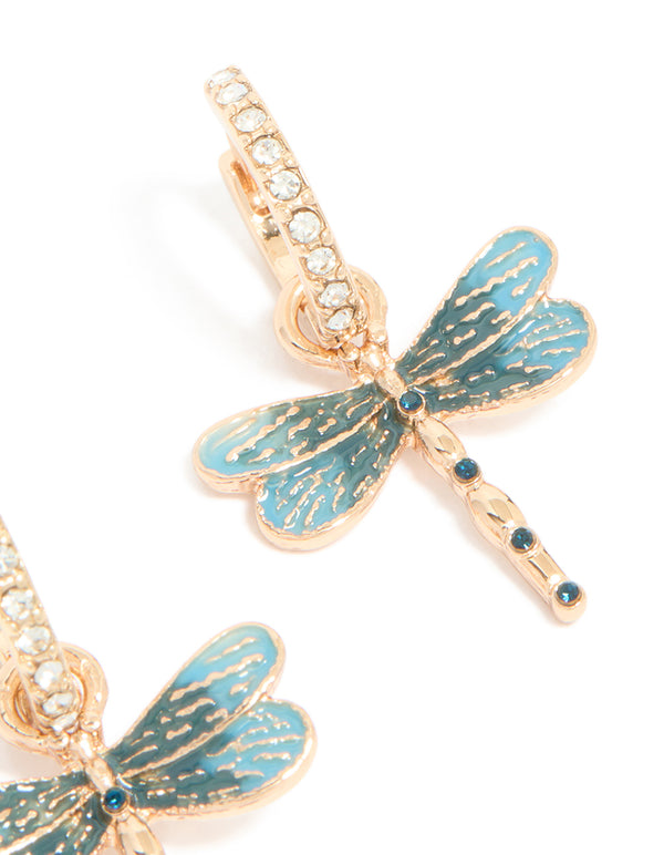 Crafted with gold diamante dragonfly huggie earrings in teal close up view
