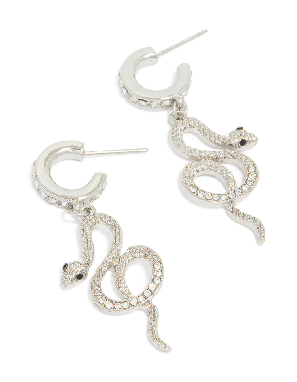 Crafted from silver, these diamante snake huggie earrings in statement style front view