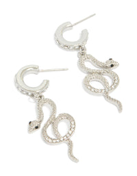 Crafted from silver, these diamante snake huggie earrings in statement style front view - link has visual effect only