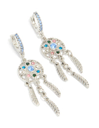 Elegant silver diamante dreamcatcher huggie earrings with charm and feather detail accents in light blue, pink, and teal, front view - link has visual effect only