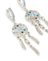 Stunning silver diamante dreamcatcher huggie earrings with charm and feather detail accents in light blue, pink, and teal, close up view - link has visual effect only