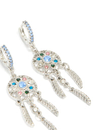Elegant silver diamante dreamcatcher huggie earrings with charm and feather detail accents in light blue, pink, and teal, front view - link has visual effect only